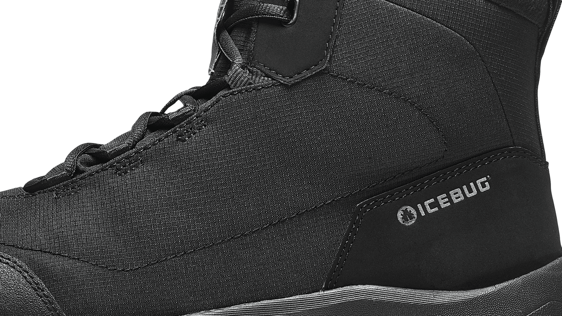 Close-up of a black Icebug boot with detailed stitching, laces, and logo on the side.